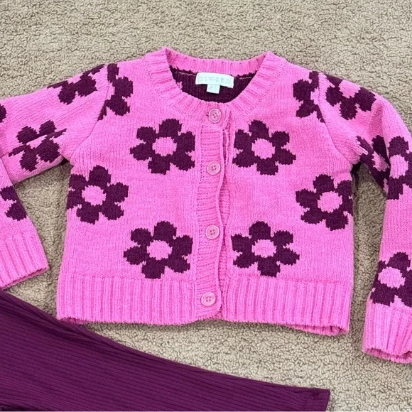 BTween Girls Pink Flower Cardigan & Ribbed Flare Pants Set Size 2T Like New - Picture 4 of 10